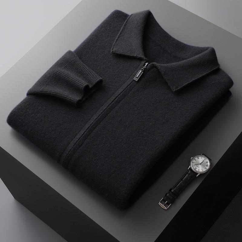 Thickened Air Layer Polo Shirt Cardigan Autumn And Winter Men'S Cashmere Knitted Casual Cardigan Middle-Aged Coat