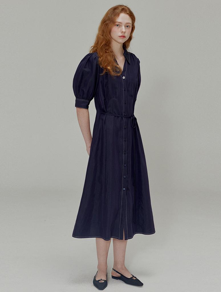 OPENING SUNSHINE Open Collar Shirring Detail Shirt Dress Navy