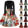 Damen Vintage V-Ausschnitt Langarm Weihnachten Print Freizeitkleid