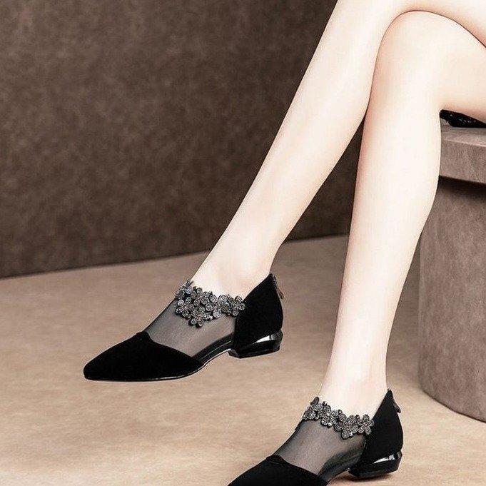 New foreignstyle mesh yarn flash diamond breathable small single shoes rear zipper breathable bag head sandals women