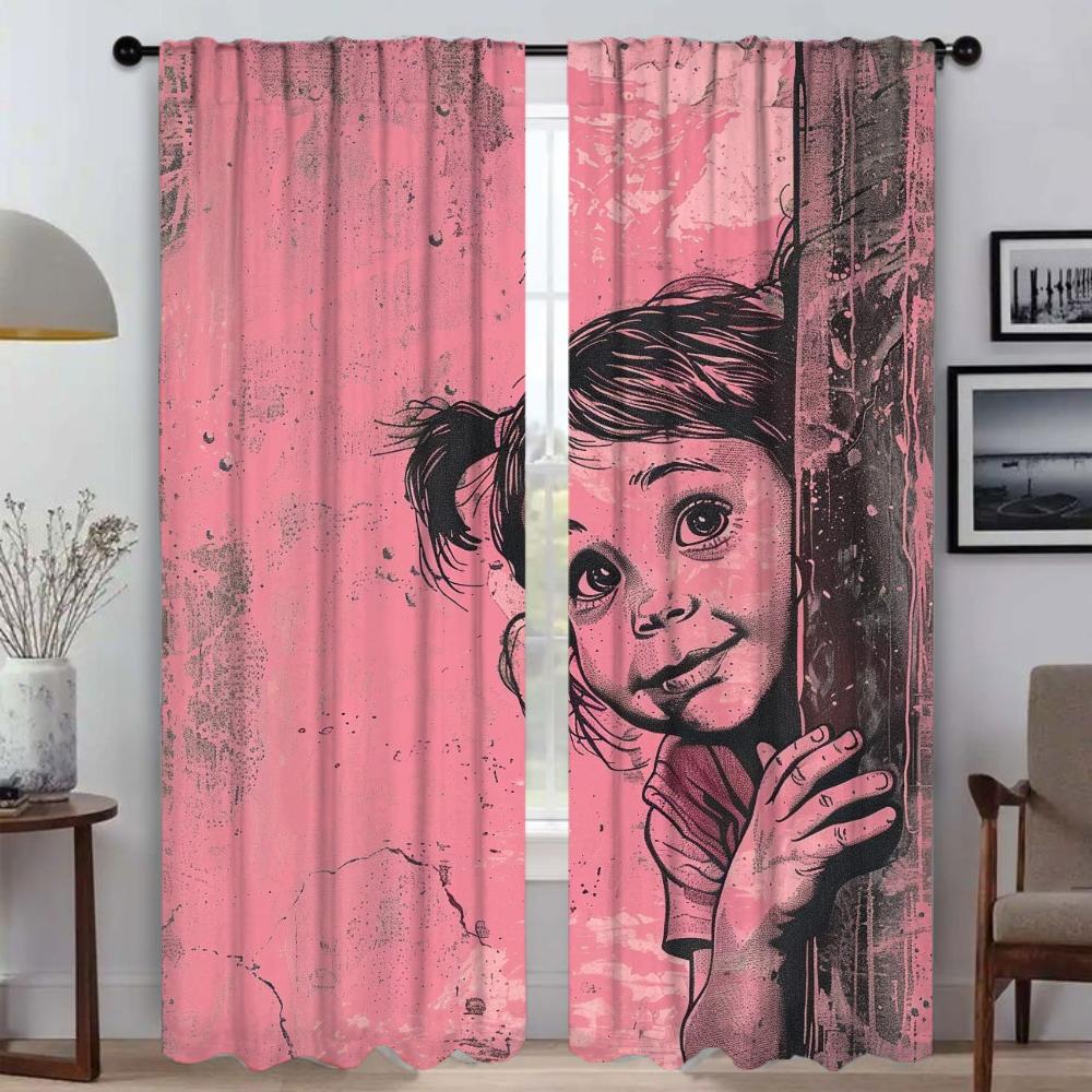 Partition Naughty Little Girl Window Curtain for Room 2 Panel Curtains for Bedroom Shades Halloween Decoration Living Kitchen