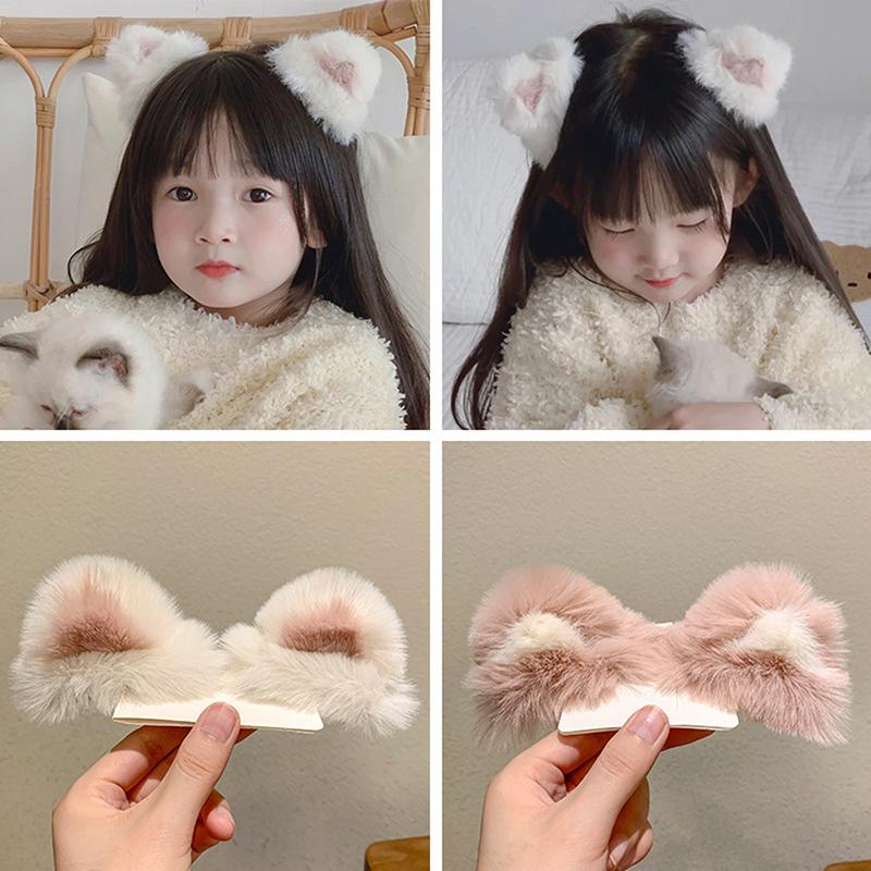 

Girls Cartoon Fluffy Hairpin Ladies Sweet Style Cat Ear Shape Side/Top Bangs білий