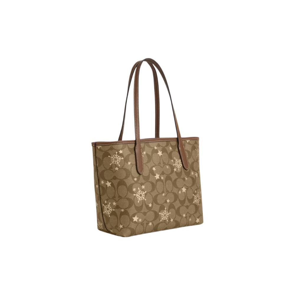 Coach City 23 Collaboration Classic Monogram Snowflake Print Color Block Leather Tote Bag Women tote bags Khaki CN682-IMWD9