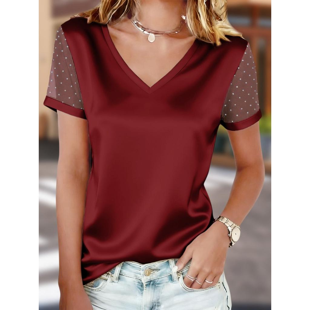 Summer Fashion Versatile Women's V-neck Short Sleeve T-shirt Mesh Flocked Casual Top For European And American Women