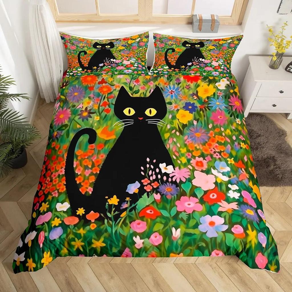 Cartoon Black Cat Duvet Cover Watercolor Flower Bedding Set Pet Animals Botanical Comforter Cover Romantic Rustic Quilt Cover