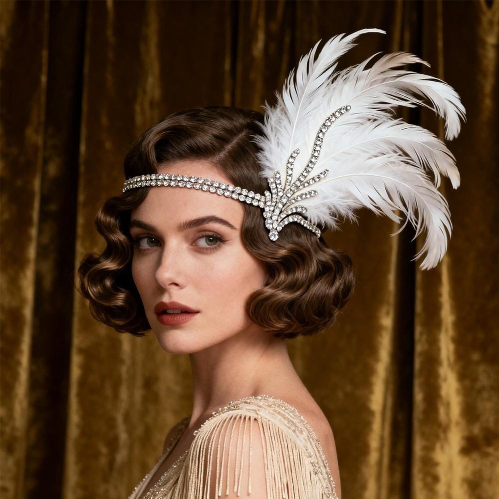Vintage Cosplay Dress Headwear Crystal 1920s Hair Accessories Feather Headband Stage Performance