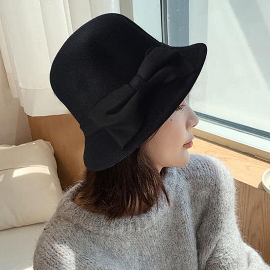 Jednobarevný klobouk s širokou krempou a kulatou kopulí, teplý vlněný klobouk pro ženy na podzim a zimu, elegantní dekorace mašlí, plstěný fedora klobouk pro každodenní nošení