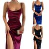 Women Sleeveless Dress with High Slits, Thin Shoulder Straps Fold Decoration Summer Clothing