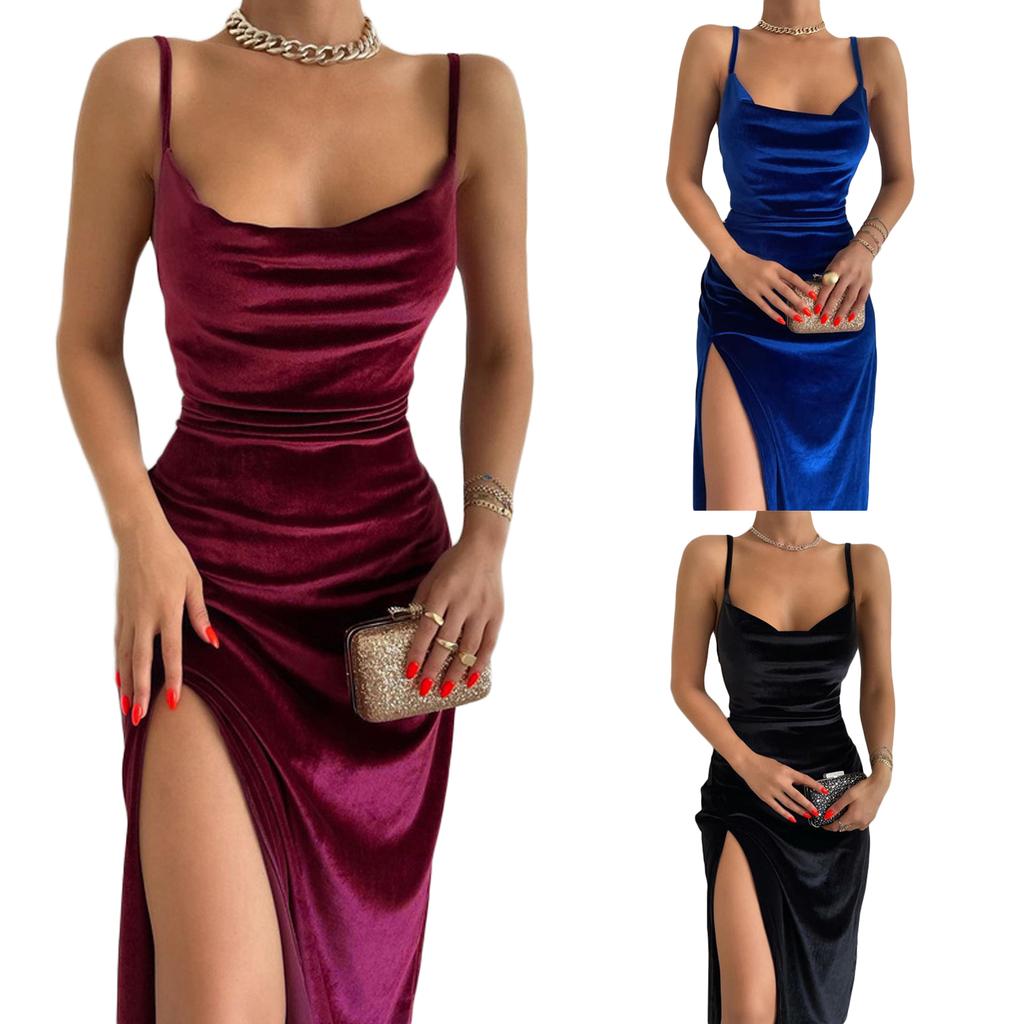 Women Sleeveless Dress with High Slits, Thin Shoulder Straps Fold Decoration Summer Clothing