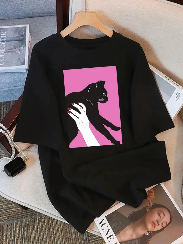 Women T-Shirt Summer Holding A Black Cat Print Short Sleeve Loose O-Neck Soft Comfortable Tops All-Match Woman Clothes
