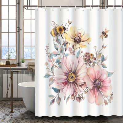 1 Piece Bee and Flower Floral Pattern Shower Curtain, Polyester Fabric, Machine Washable, Suitable for Bathroom Decoration