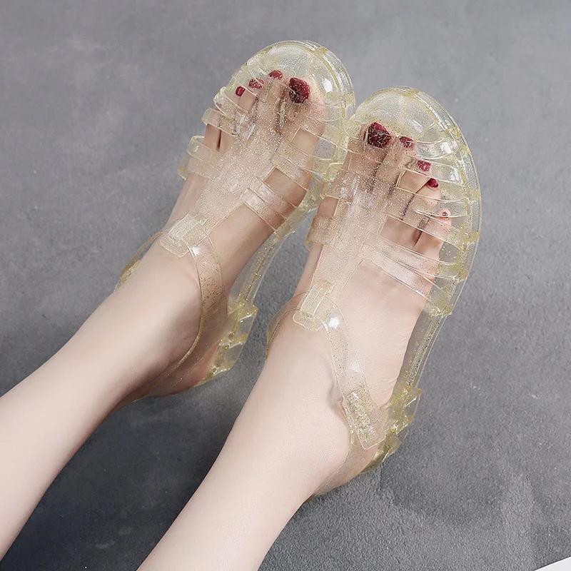 Fashion Summer New Fashionable Breathable Baotou Sandals for Women Bottom Low Hee Transparent Crystal Jelly Shoes Summer Women Shoes