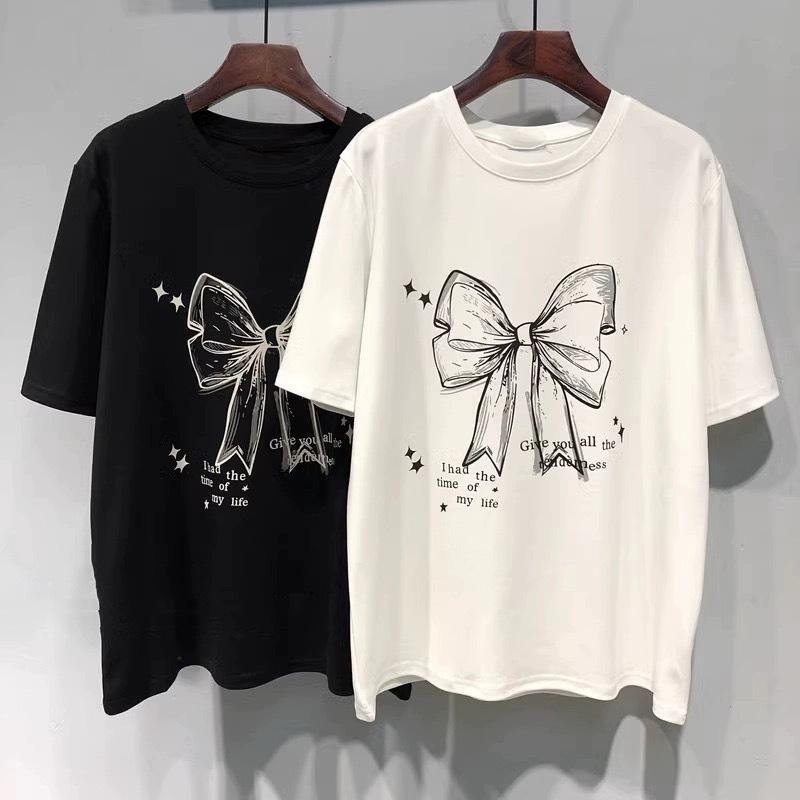 American catty cotton casual short-sleeved t-shirt women s summer loose fat mm thin design sense niche versatile top S