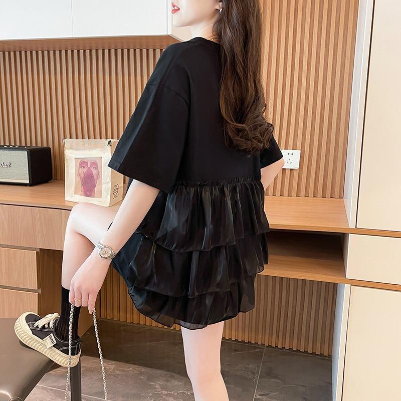 Patchwork Short-sleeved T-shirt for Women's Fashion, Mid-length Loose Top for Summer