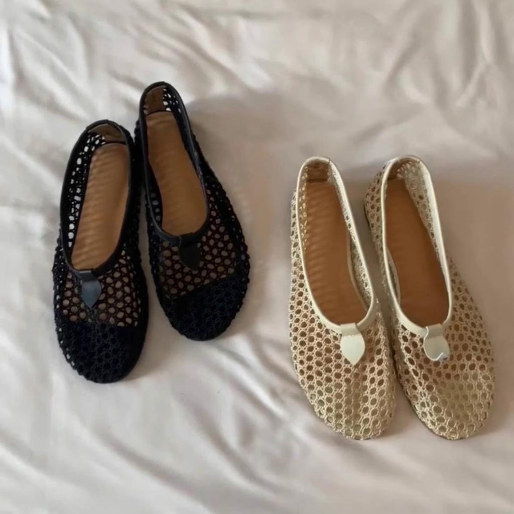 Round head woven hollow flat bottom shallow mouth single shoes Mary Jane women's shoes 2025 Korean version spring and summer new comfortable sandals