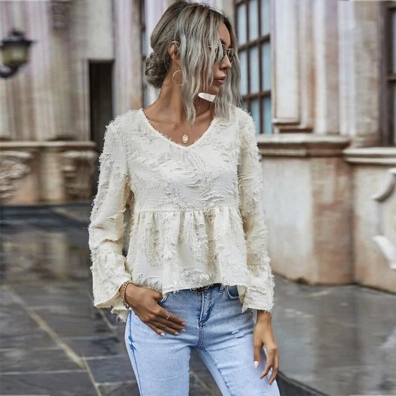 Women's Spring Summer Casual Apricot Chiffon Blouse V Neck Fringed Cut-Flower Flare Long Sleeve Fashion Short Peplum Top