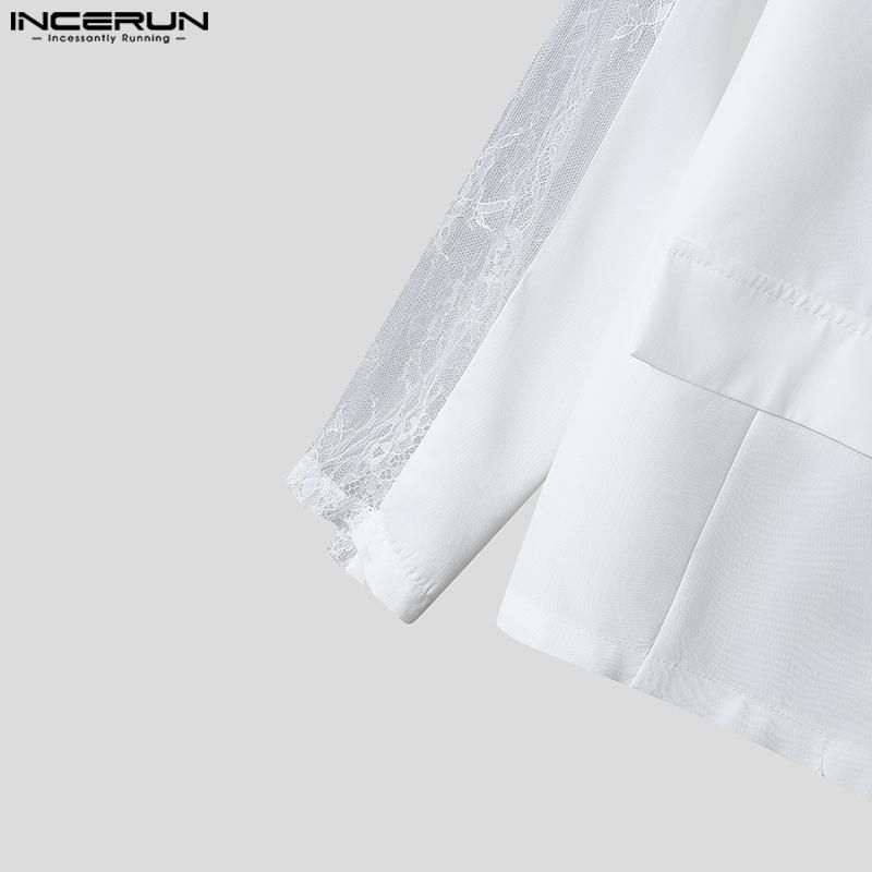 INCERUN Men Lapel Long Sleeve Lace Crochet Patchwork Party Blazer Coats