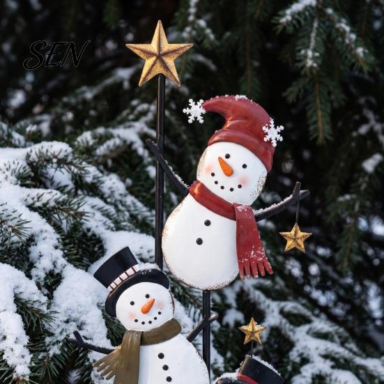 Rustic Snowman Yard Stake Vintage Metal Christmas Ground Stake, Distressed Sculpture with Three Climbing Snowmen Sign for Outdoor Garden Holiday