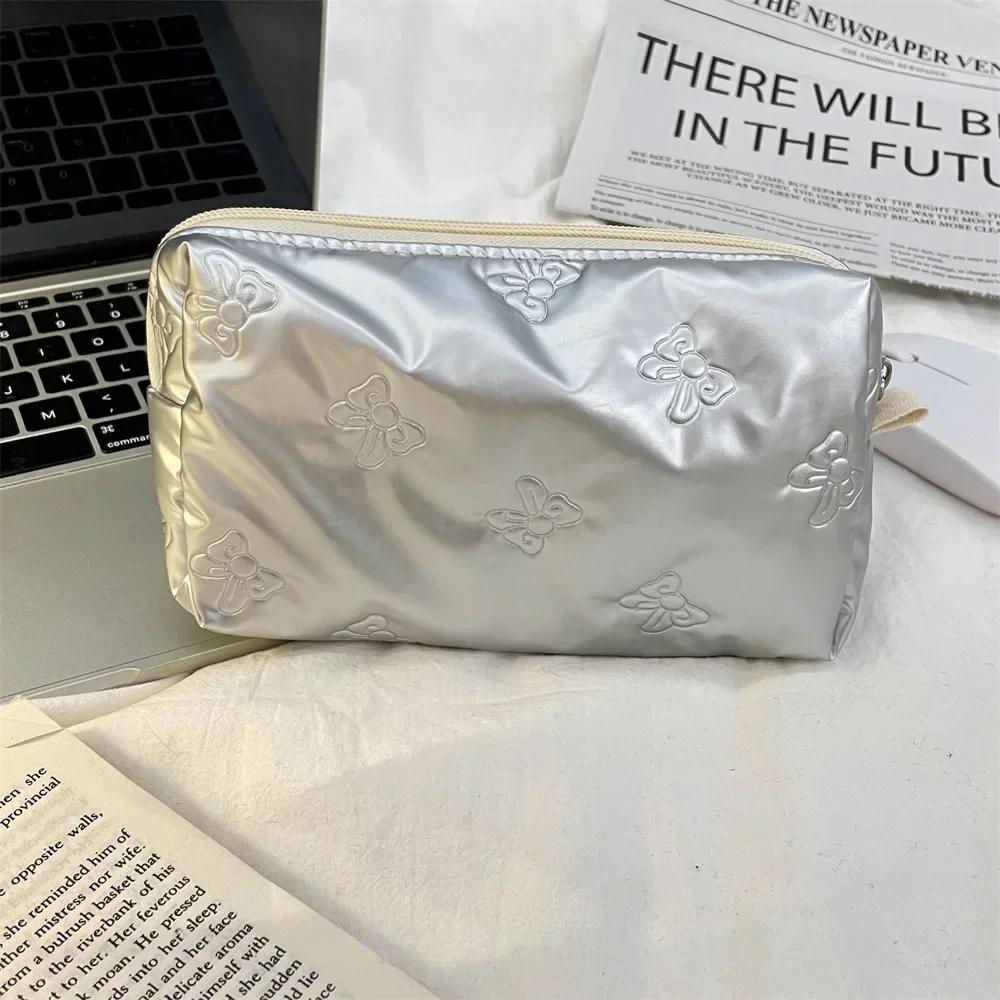 Korean Quilted PU Love Bow Cosmetic Bag Skincare Products Pouch Inner Pocket Multi-function Makeup Lipstick Storage Bag Handbag