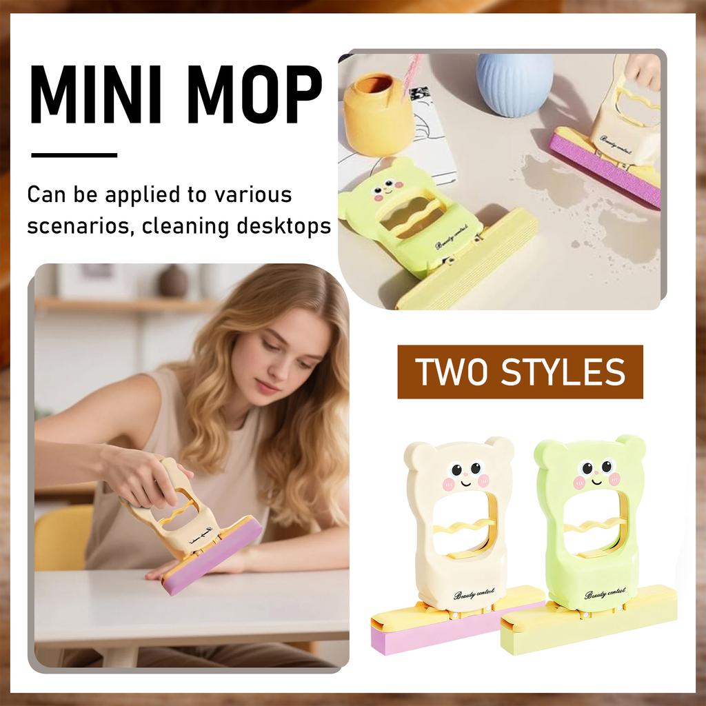 Cute Cartoon Bear Pattern Handheld Mop - Small Self-Squeezing Absorbent Mop, Foldable Microfiber