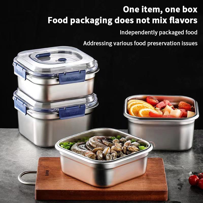 Large Capacity Stainless Steel Crisper With Handle Airtight Lid Leak-Proof Lunch Box Rectangular Fresh-Keeping Box Refrigerator