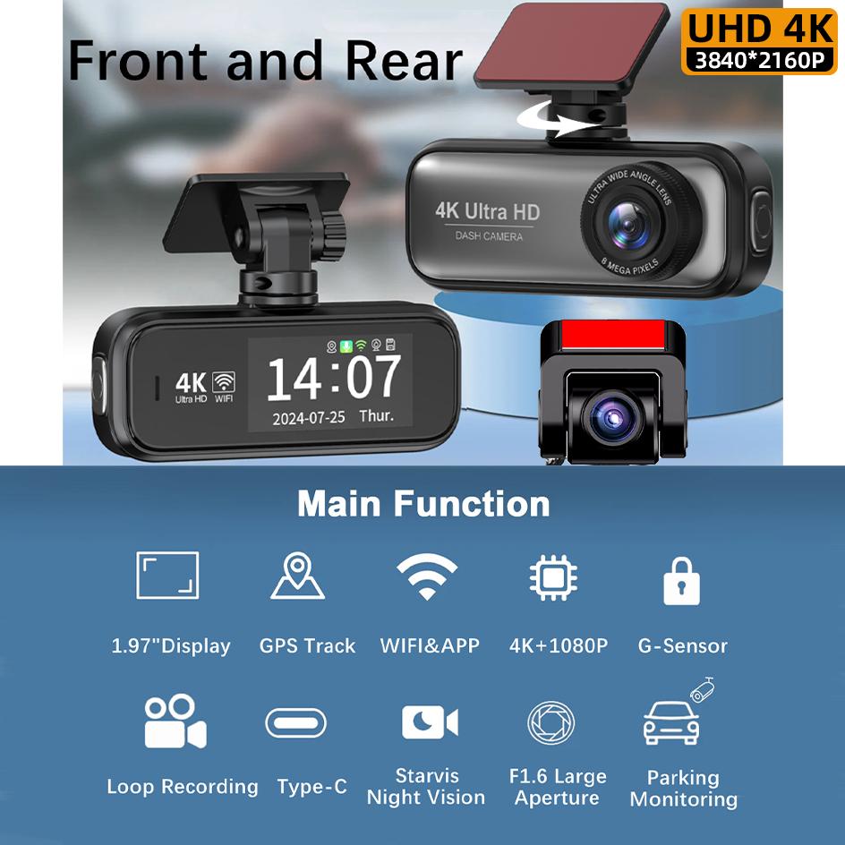 E-ACE Mini DashCam 4K Car Video Black Box Recorder Support 1080P Rear Camera WIFI GPS Parking Monitoring Night Vision CAR DVR