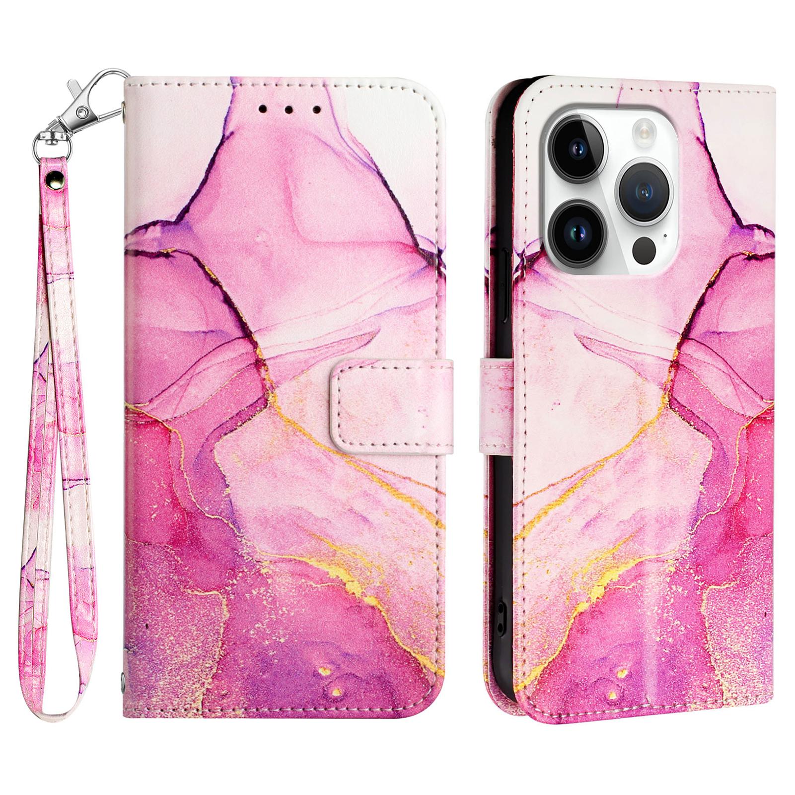 For iPhone 16 Pro Case with Strap Marble Pattern Leather Phone Cover Card Holder A