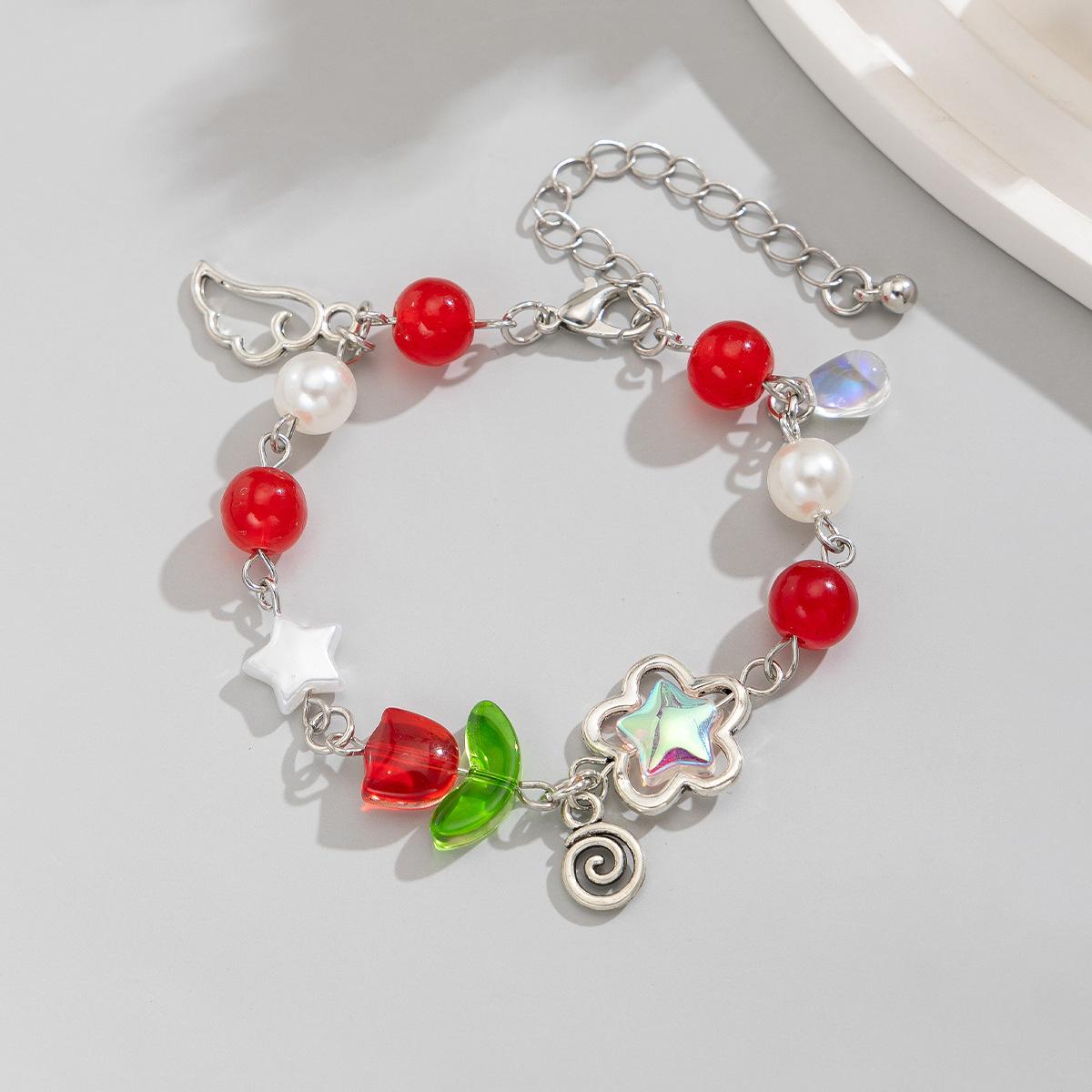 

Sweet Wind Bow Strawberry Pendant Necklace, Simple Imitation Pearl Pentagram Flower Necklace
