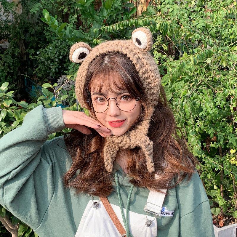 Frog knitted wool hat women's autumn and winter sweet and cute headgear winter headgear green hat tide earmuffs