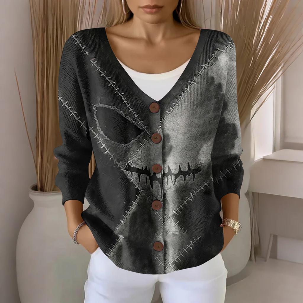 Women's Fashion Casual Knit Sweater Button-Up Halloween Printed  Cardigan Jacket