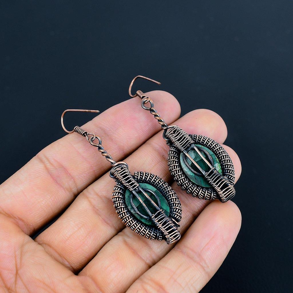 Malachite Earrings, 999 Copper Wire Wrapped Jewelry, Gift For Women Handmade Earrings Gemstone Jewelry