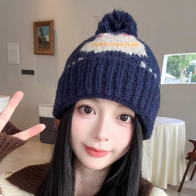 New Cute Jacquard Frog Fur Ball Woolen Hat for Women Autumn and Winter Warm Ear Protection Knitted Hat for Men