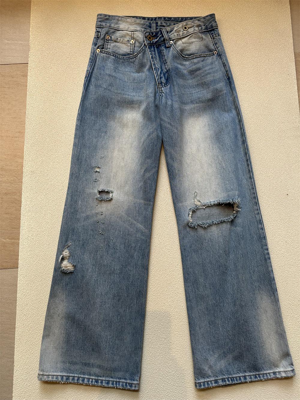 Low-Rise Straight-Leg Ripped Jeans with Off-Center Waistband S