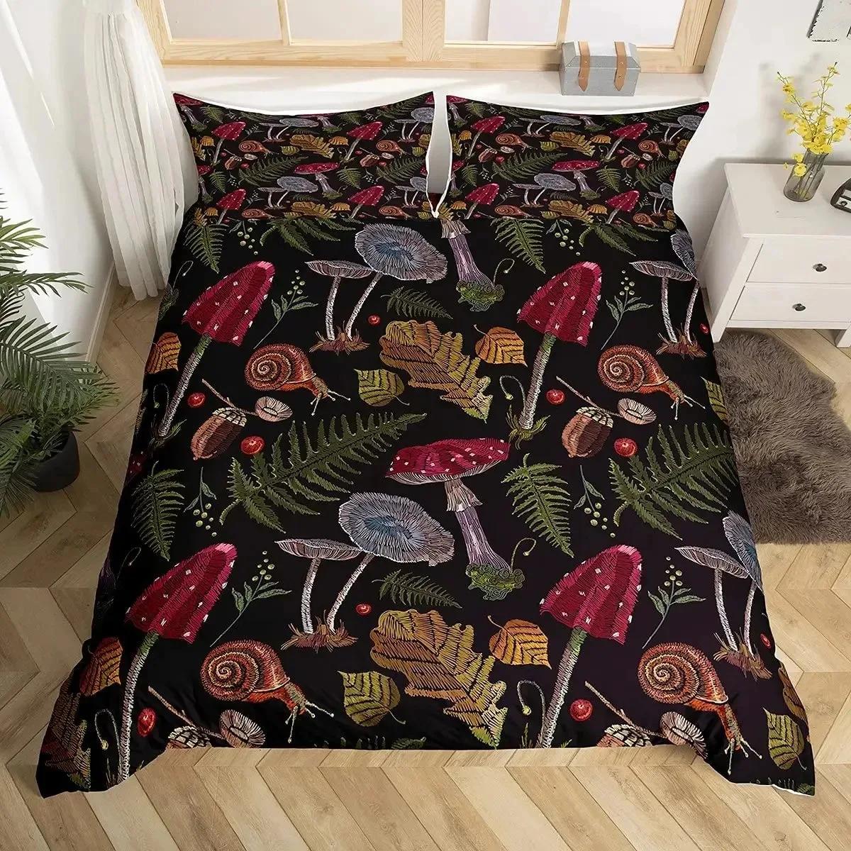 

Wild Mushroom Duvet Cover Set Burgundy Plant Bedding Set Comforter Soft Polyester King Queen Size With Pillowcase 70x133cm 2pcs