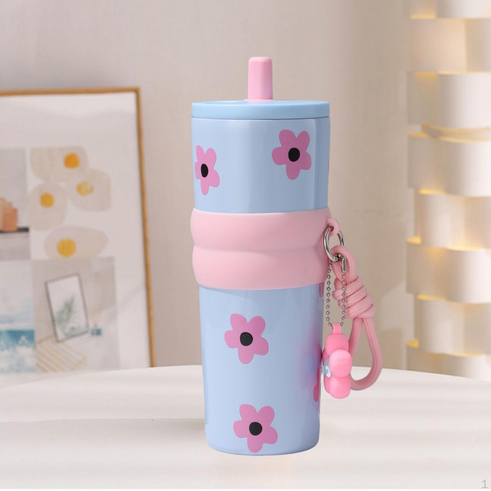 

Stainless Steel Insulated Tumbler Drinking Mug Convenient with Straw Cup for Pink Small Flower