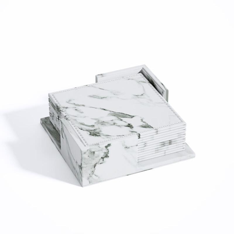 MOLUONA 12-Piece Leather Coaster Set with Base, White Marble