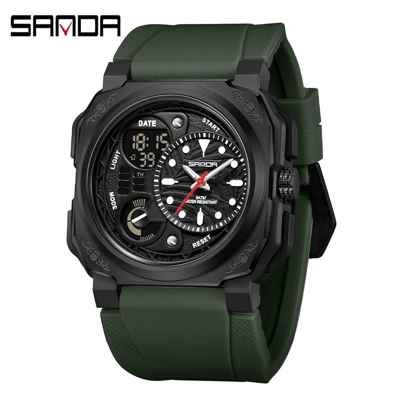SANDA Neue quadratische Sport Herrenuhr Outdoor LED Elektronischer Stoppuhr Wecker Dual Display Multifunktions Herren Quarzuhr