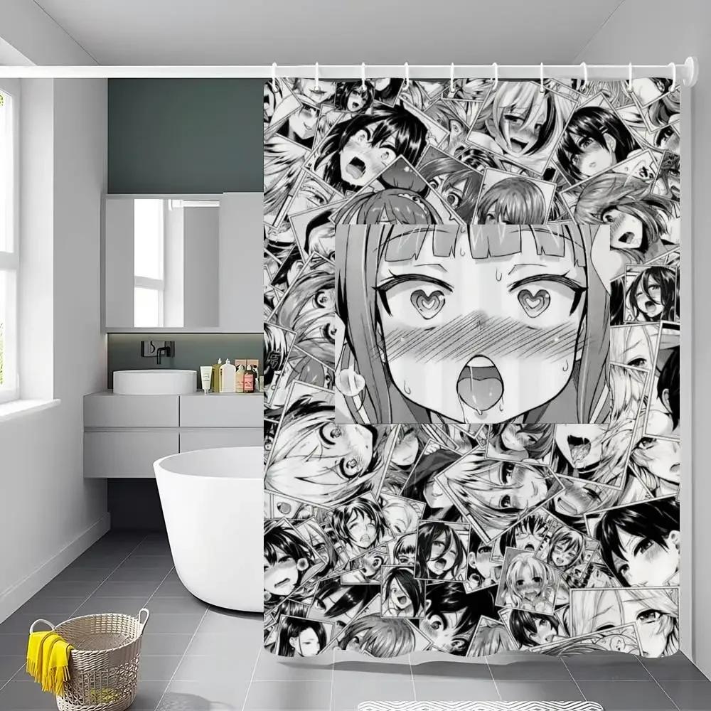 A-Ahegao M-Manga Girl  Shower Curtain Outdoor Scenery Summer Vacation Bathroom Decor Holiday Polyester Bath Curtain with Hooks