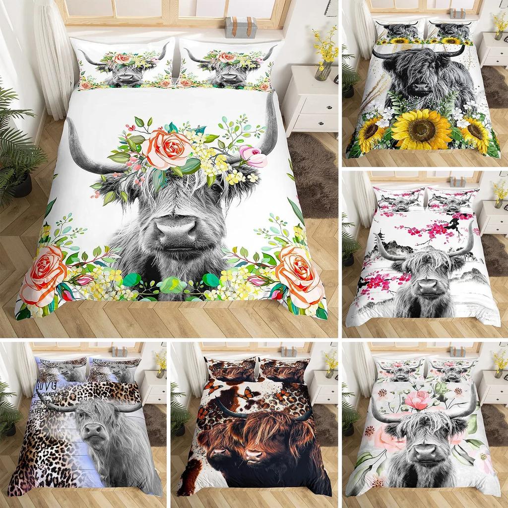 Highland Cattle Cute Floral Cow Yellow Sunflower Comfortable Duvet Quilt Cover Pillowcase Bedding Set Children Home Textile
