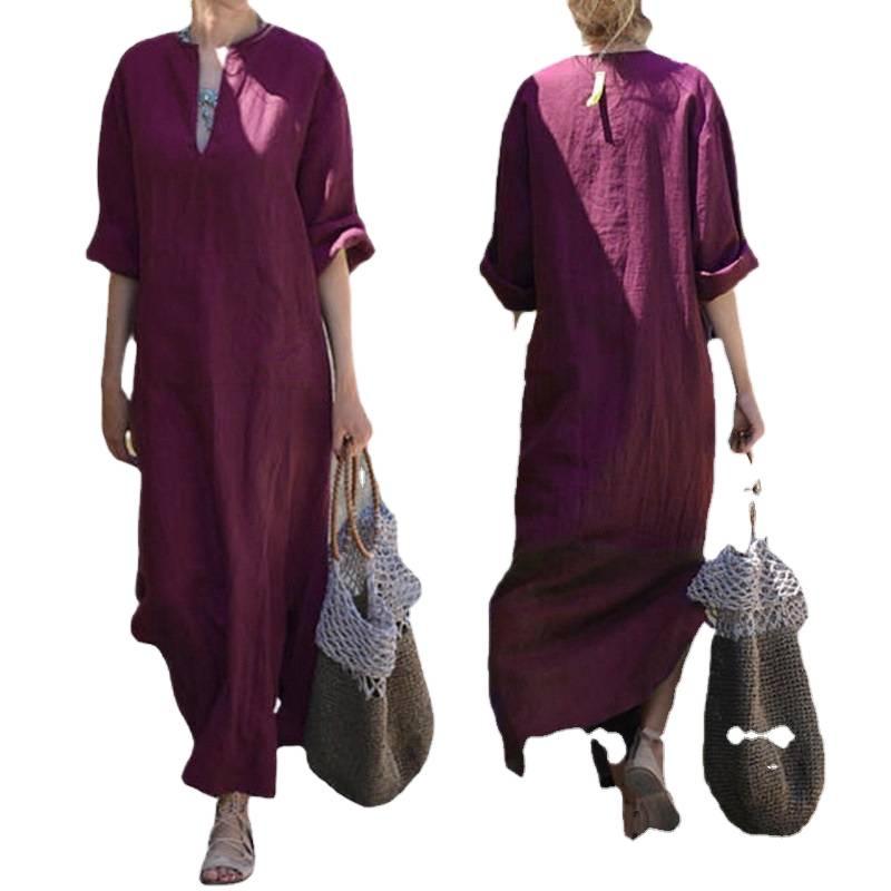 European and American Style Women's Plus Size V-Neck Mid-Sleeve Long Split Dress