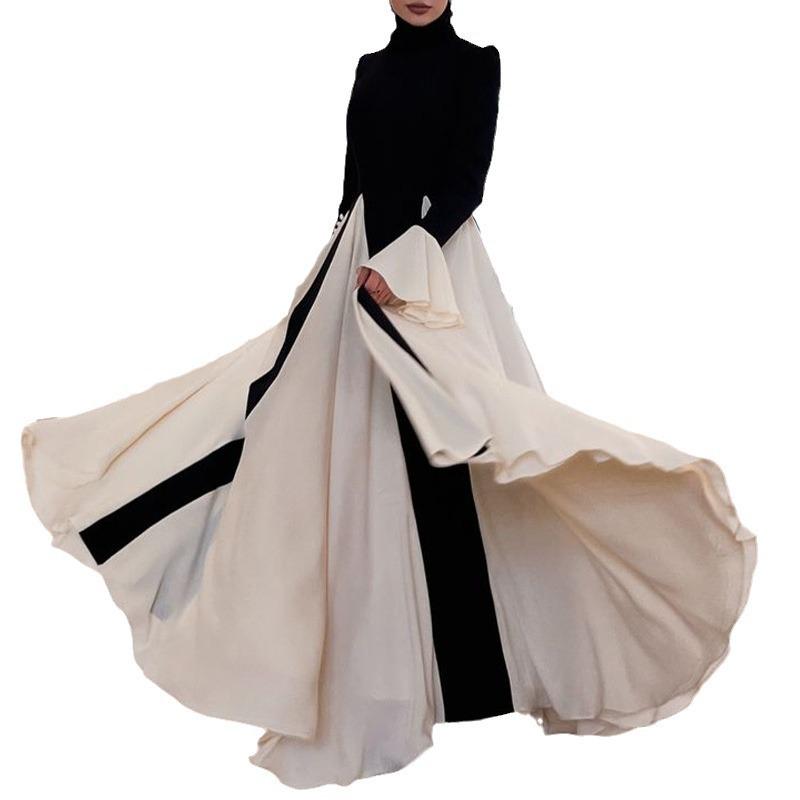 2025 Autumn Black and White Spliced Long Dress: Elegant, Sexy, and Dignified Women's Fashion for the Middle East