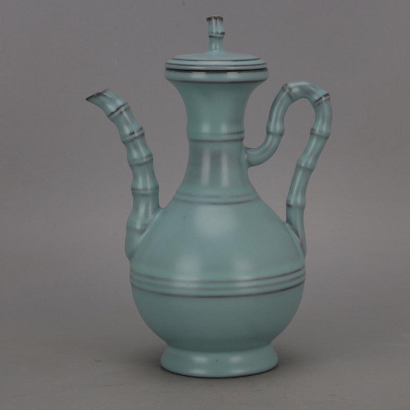 Song Dynasty Ru Kiln Blue Glaze Bamboo Pattern Long Handle Spout Pot - Chinese Antique Imitation Porcelain Collectible.