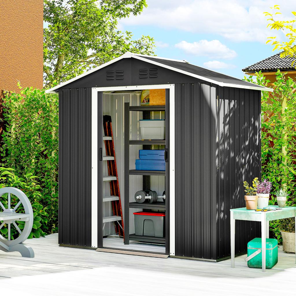 Large Metal Garden Shed, Sliding Doors, 194 x 107 x 191 cm, Dark Grey