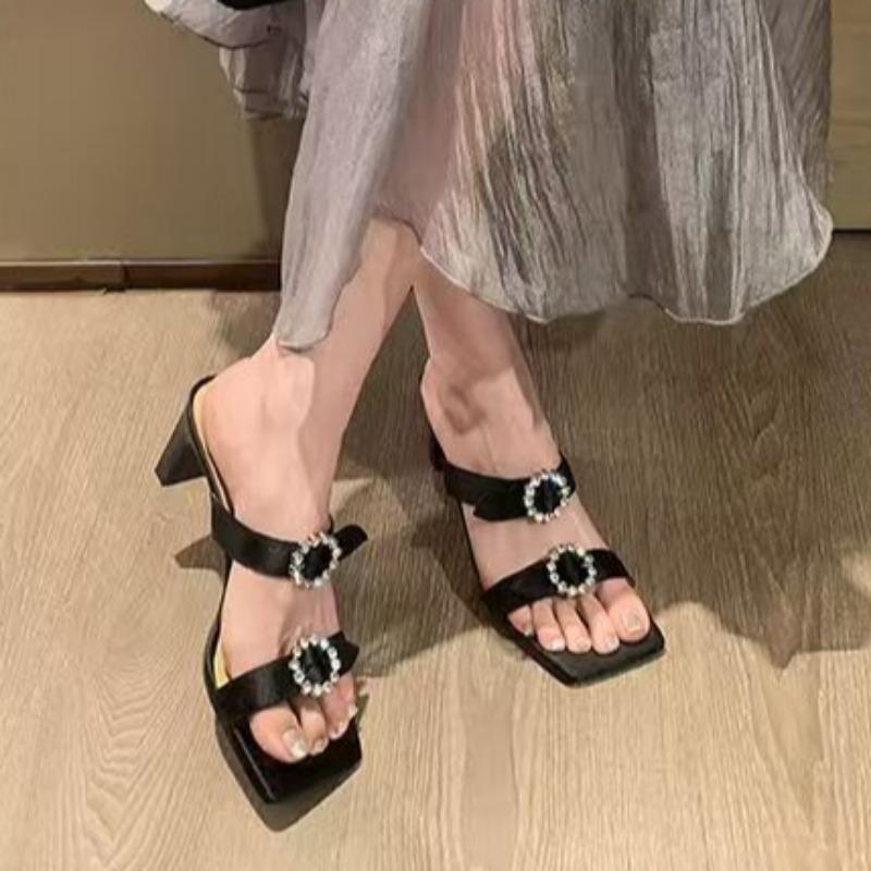 Chunky Heel Sandals New Summer Square Head Open Toe Sequin Metal Buckle Set Foot Non-slip High-heeled Slippers