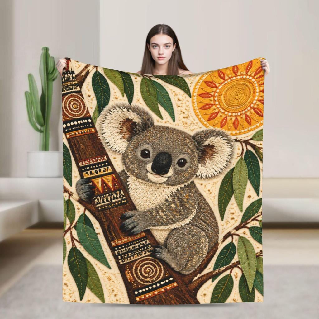 Boho Koala Bear Flannel Throw Blanket, Eucalyptus Tree Nursery Decor