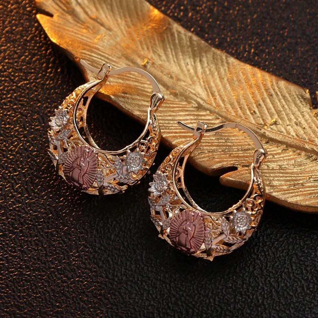 Vintage Our Lady of Guadalupe Hoop Earrings Hollow Floral Carving Religious Icon Design Gold Color Women's Party Jewelry