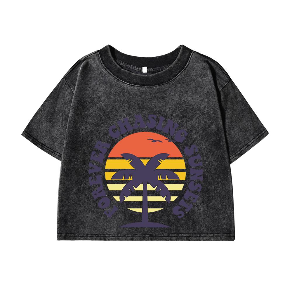 Womans Cotton Crop Tees O-Neck Washed T-Shirts Forever Chasing Sunsets Printed Short Sleeve Street Clothes