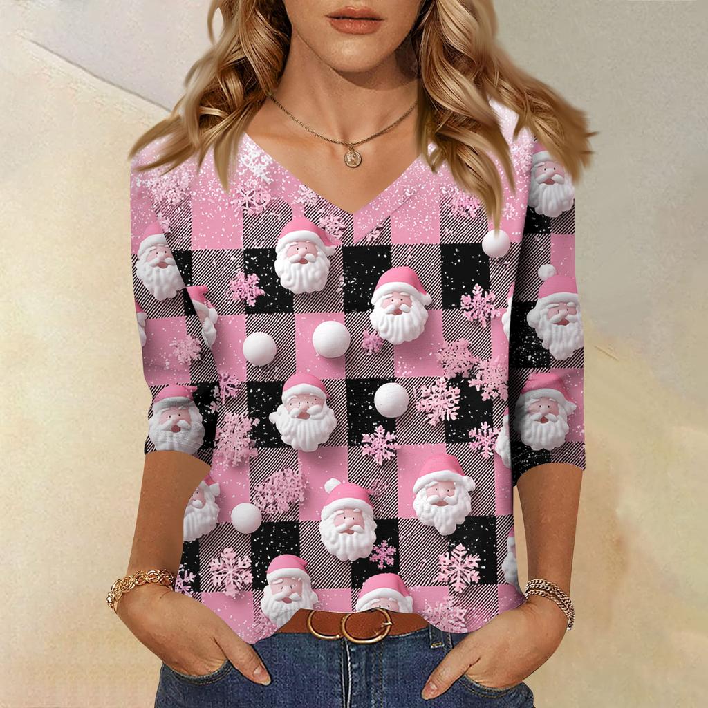 Women's T Shirt CHristmas Print 3/4 Sleeve Daily Weekend Fashion Basic V- Neck Regular Top
