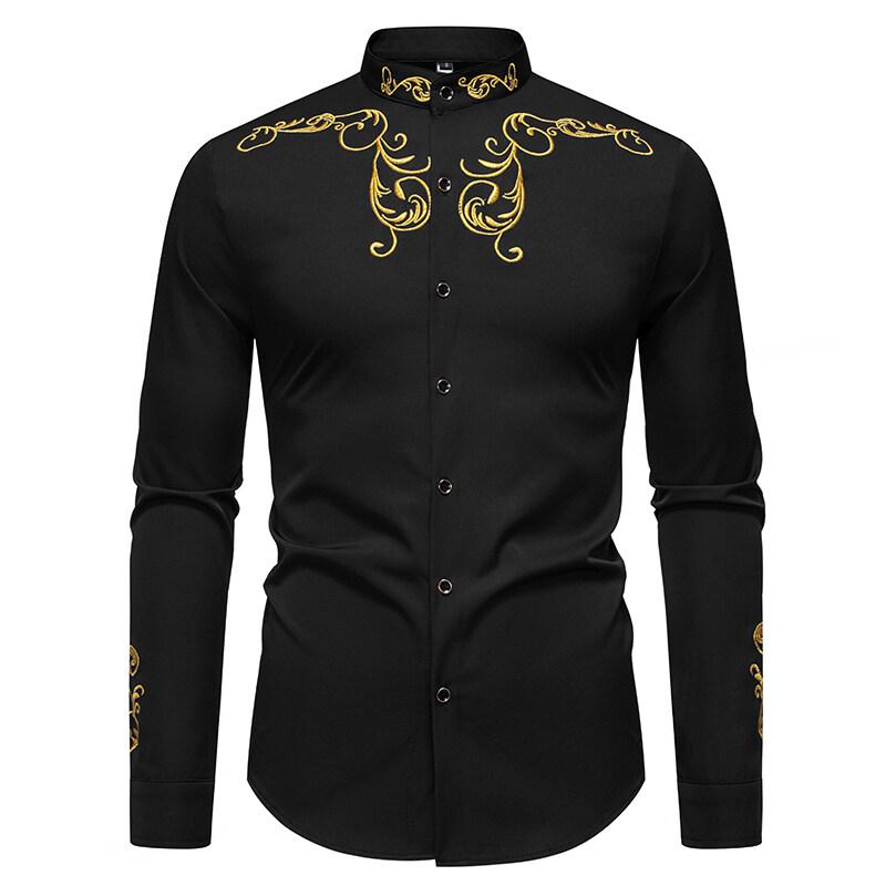 Camisa de Manga Larga Bordada para Hombre de Primavera Casual Sólida con Cuello Mao Camisas Masculinas Estilo Corte Europeo Fiesta Discoteca