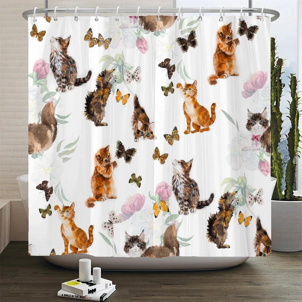 Cat  curtains bathroom  curtain Cute 3D fabric curtain with hooks funny waterproof shower curtain or Mat